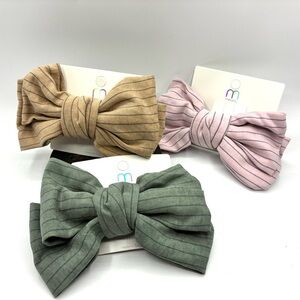 Striped Bow Hair Clips - Green, Pink, Tan